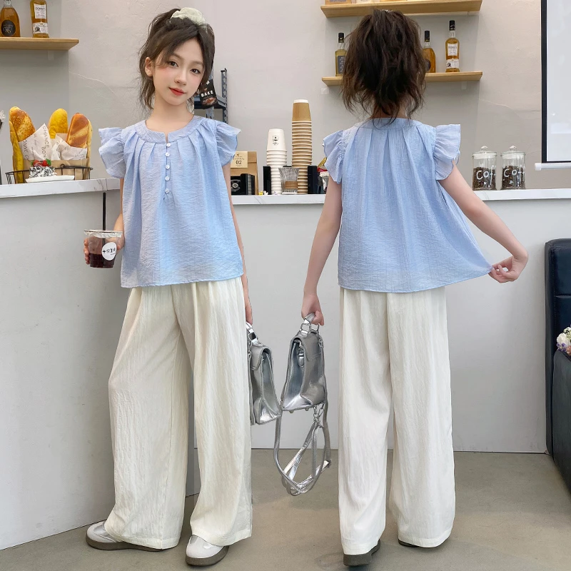 女童甜美套装简约夏季纯色中大童夏天飞袖山本裤子薄款两件套时髦