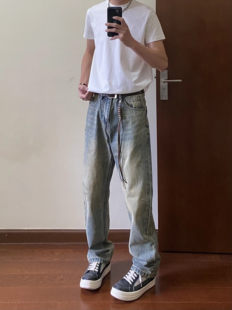 美式复古破洞男士牛仔裤夏季新款宽松直筒垂感阔腿裤浅色休闲长裤