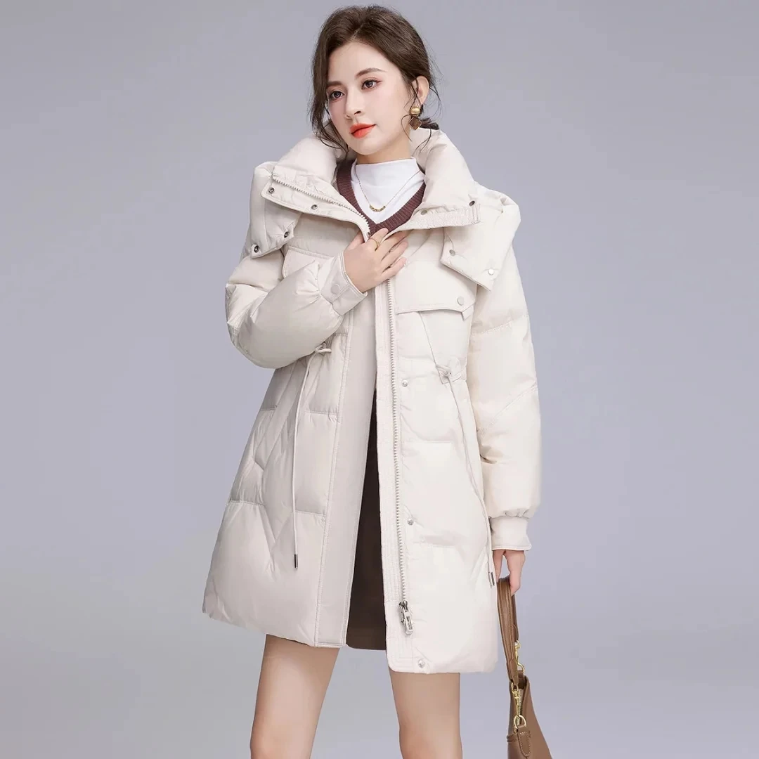 D971新款2025羽绒服女冬季保暖外套御寒加厚高级抽绳收腰通勤外套