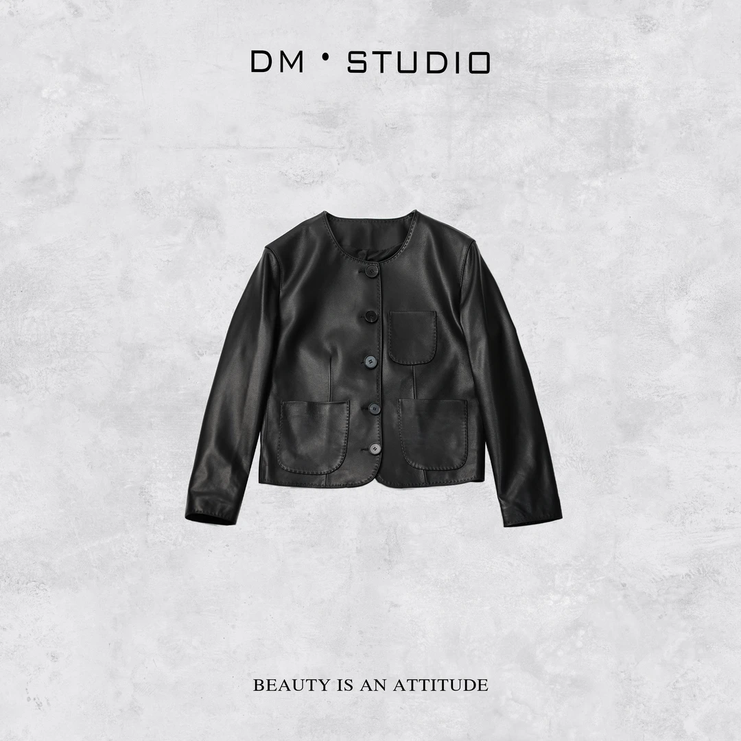 -DM•STUDIO/气质设计款A级复古静奢羊皮排扣皮衣外套（H265）