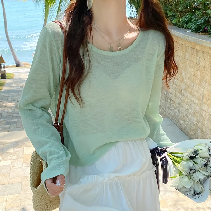 夏季冰丝防晒罩衫女新款长袖t恤配吊带的外穿薄款微透上衣空调衫