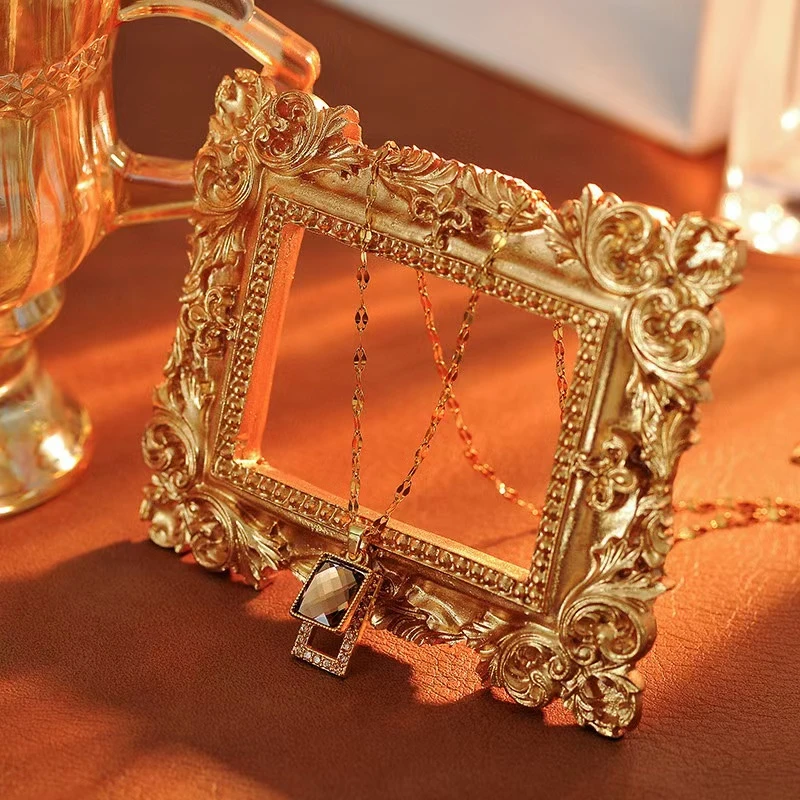 铜合金项链 c058---美拉德方块项链气质手工轻奢法式