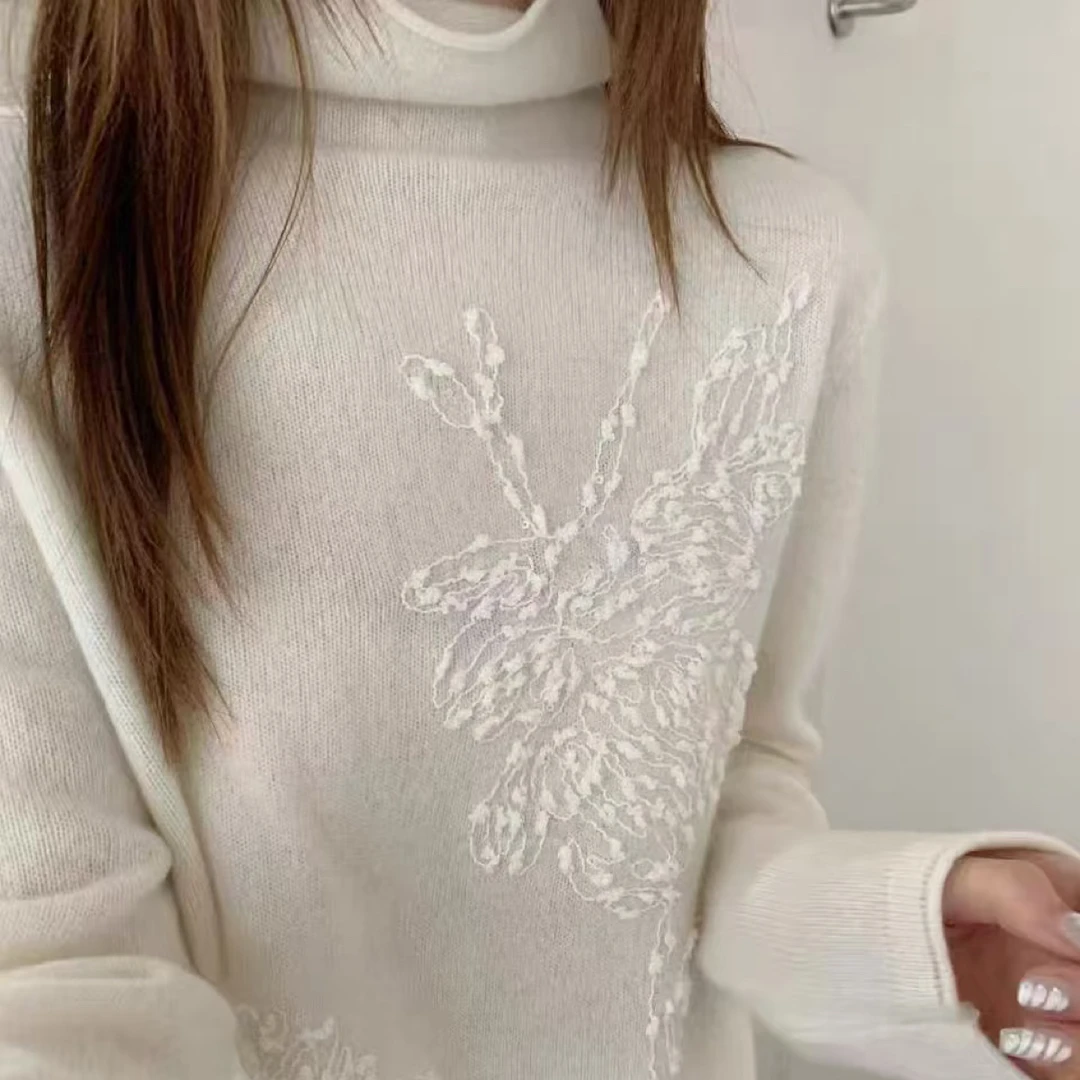 绵羊毛山羊绒提花高领针织打底衫女秋冬软糯毛衣7410