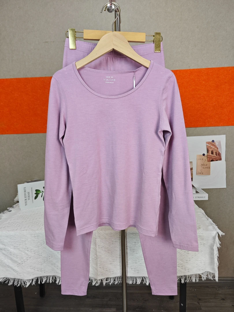 25606圆领磨毛秋薄款女士单层秋家居服保暖套装内衣睡衣硒养超薄