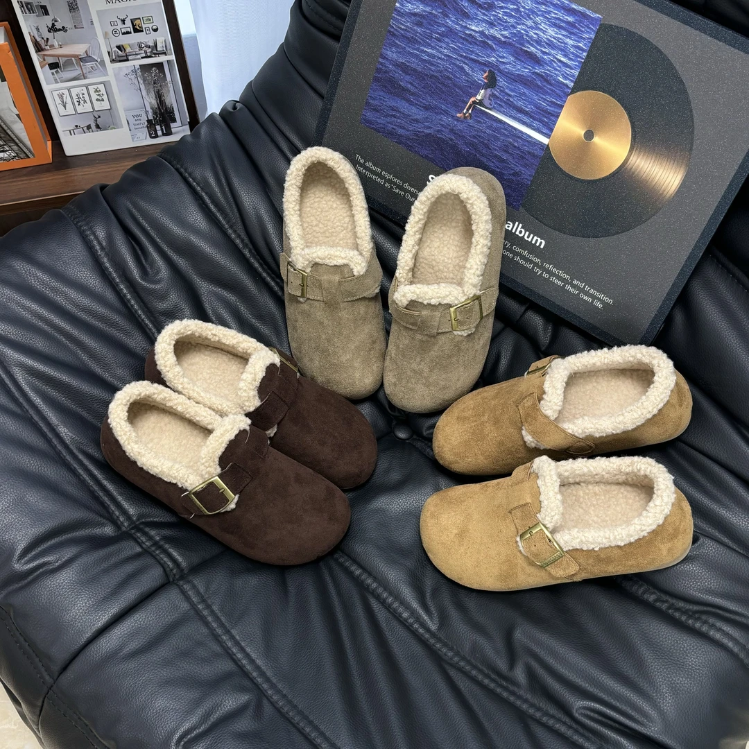 回天4cm勃肯鞋包跟加绒网红冬季休闲棉鞋平底外穿皮毛一体毛毛鞋