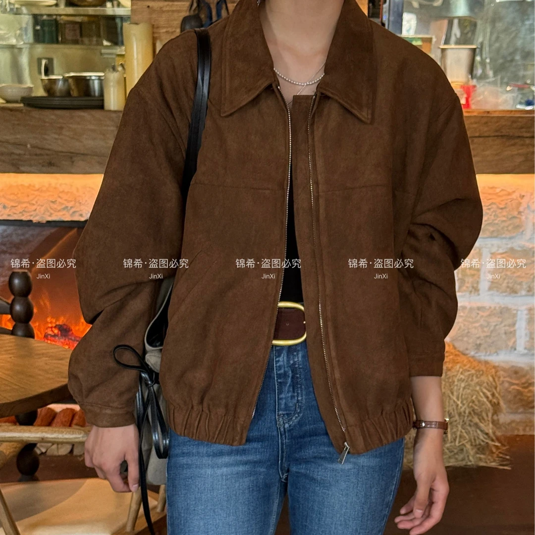 2025秋季新款复古美式麂皮绒翻领宽松休闲夹克短外套#2201