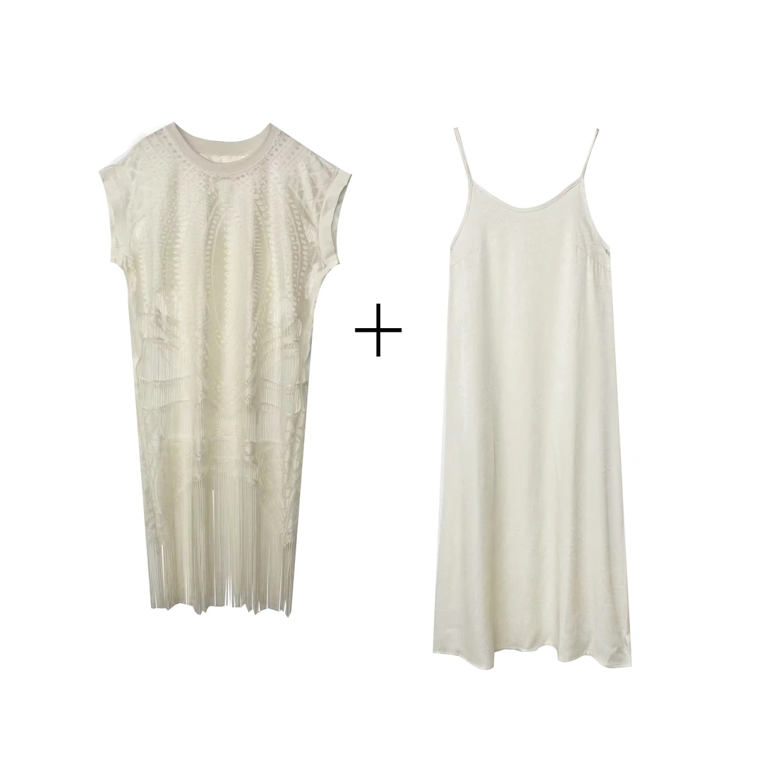 【流苏裙】设计师时尚气质显瘦蕾丝流苏罩裙+吊带裙两件套8867