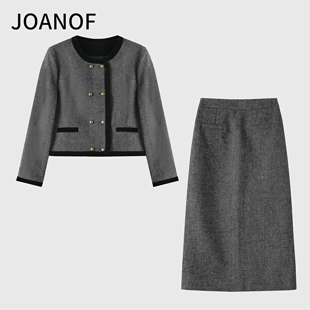 JOANOF秋季小香风时尚长袖拼接外套气质直筒半裙套装XT729-K