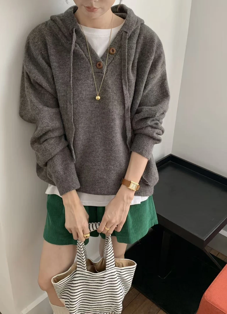 TY-慵懒风宽松纽扣毛衣帽衫-698