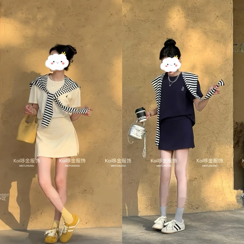 2025夏季气质减龄短袖T恤上衣百搭半身裙裤披肩三件套洋气衣服女
