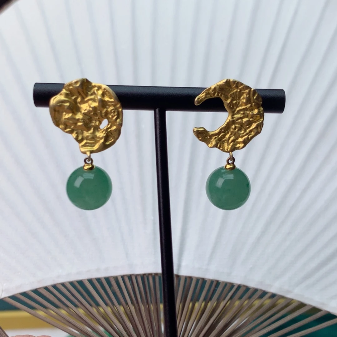 石英质玉冰飘花精品耳饰银S925镀金镶嵌