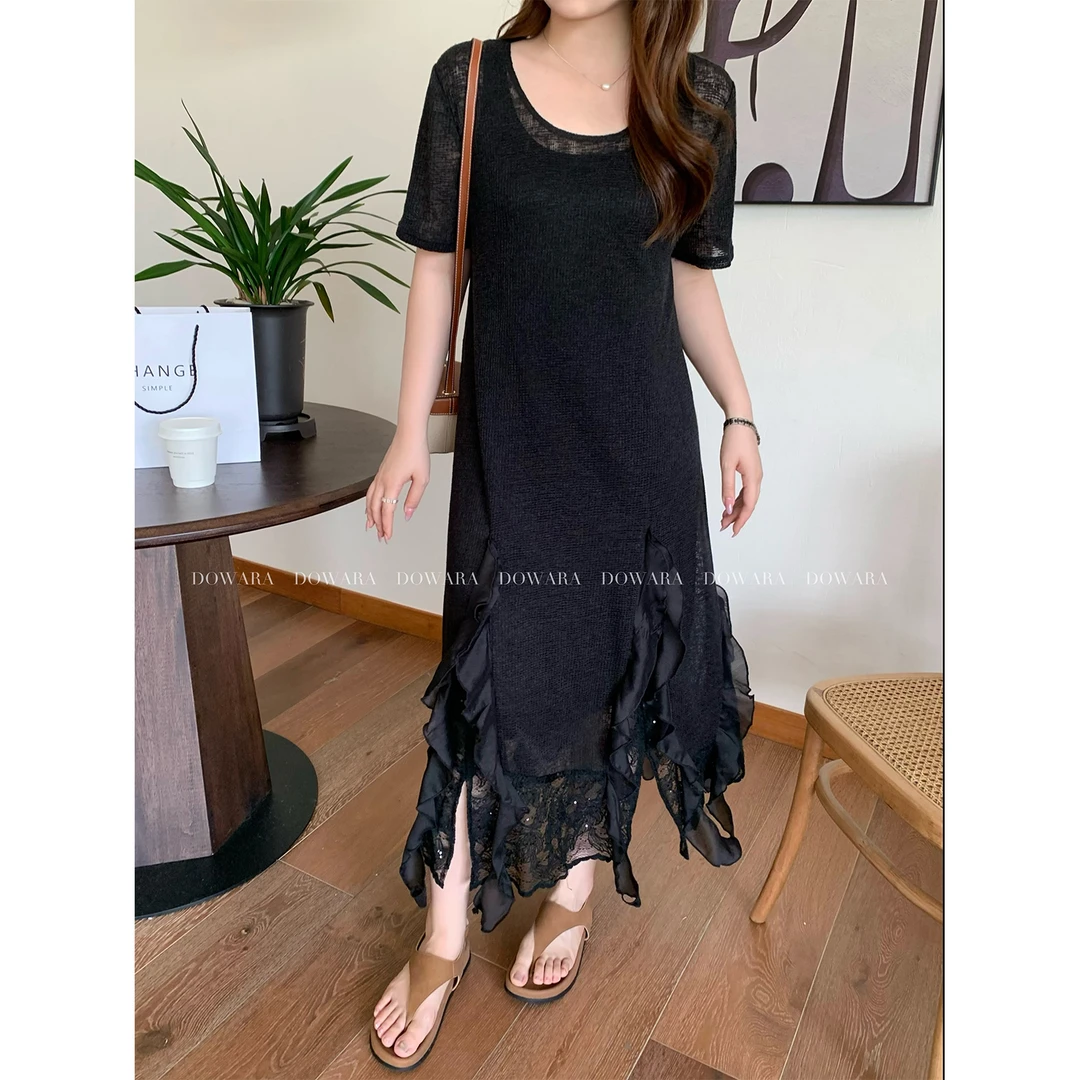 现货大婉酱微胖定制法式高级蕾丝拼接真两件连衣裙轻奢长裙 9164D