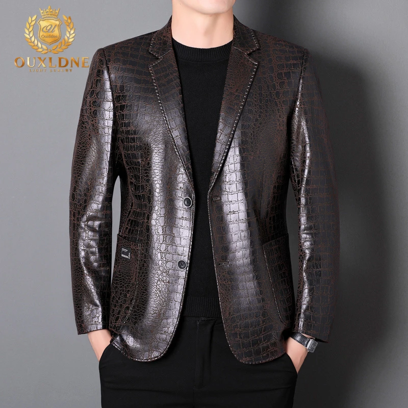 OUXLDNE 大码男士西服咖色休闲皮外套中年时尚痞帅商务免烫西装男
