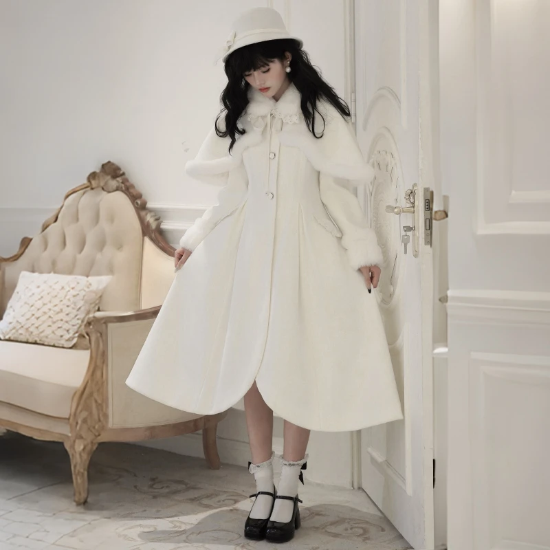 【珍妮】withpuji原创设计 A型白色加厚内里夹棉呢大衣披肩秋冬