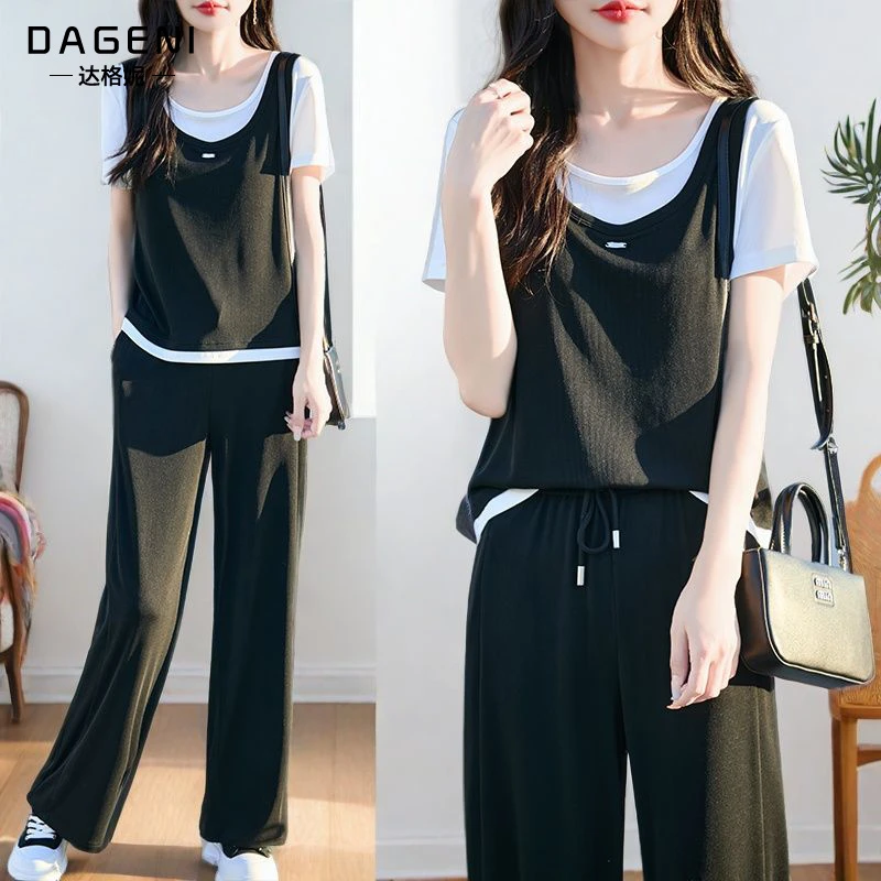 韩版休闲套装圆领撞色短袖t恤女2025夏季新款百搭显瘦长裤两件套