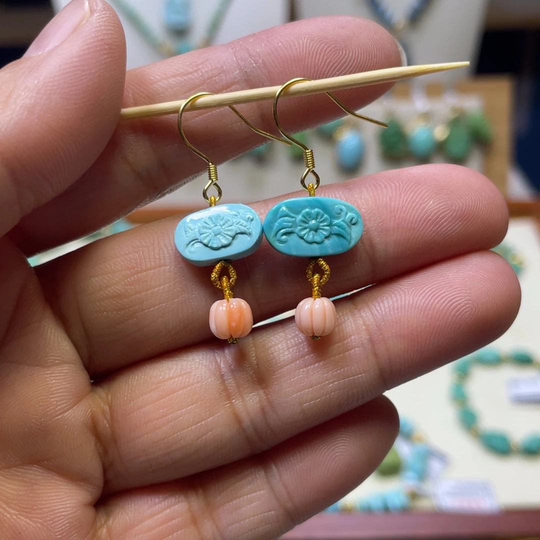 绿松石银S925镀金镶嵌耳坠