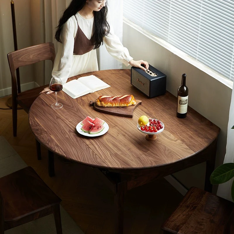 北美黑胡桃木圆形折叠餐桌全实木饭桌小户型圆桌可变长方形伸缩桌