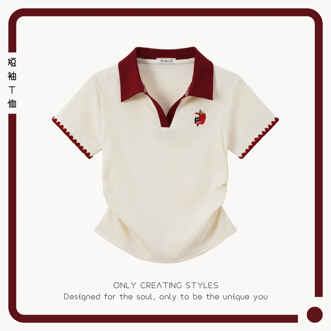 【现货】刺绣卡通猫咪撞色拼接POLO领设计感收腰显瘦修身短袖T恤女