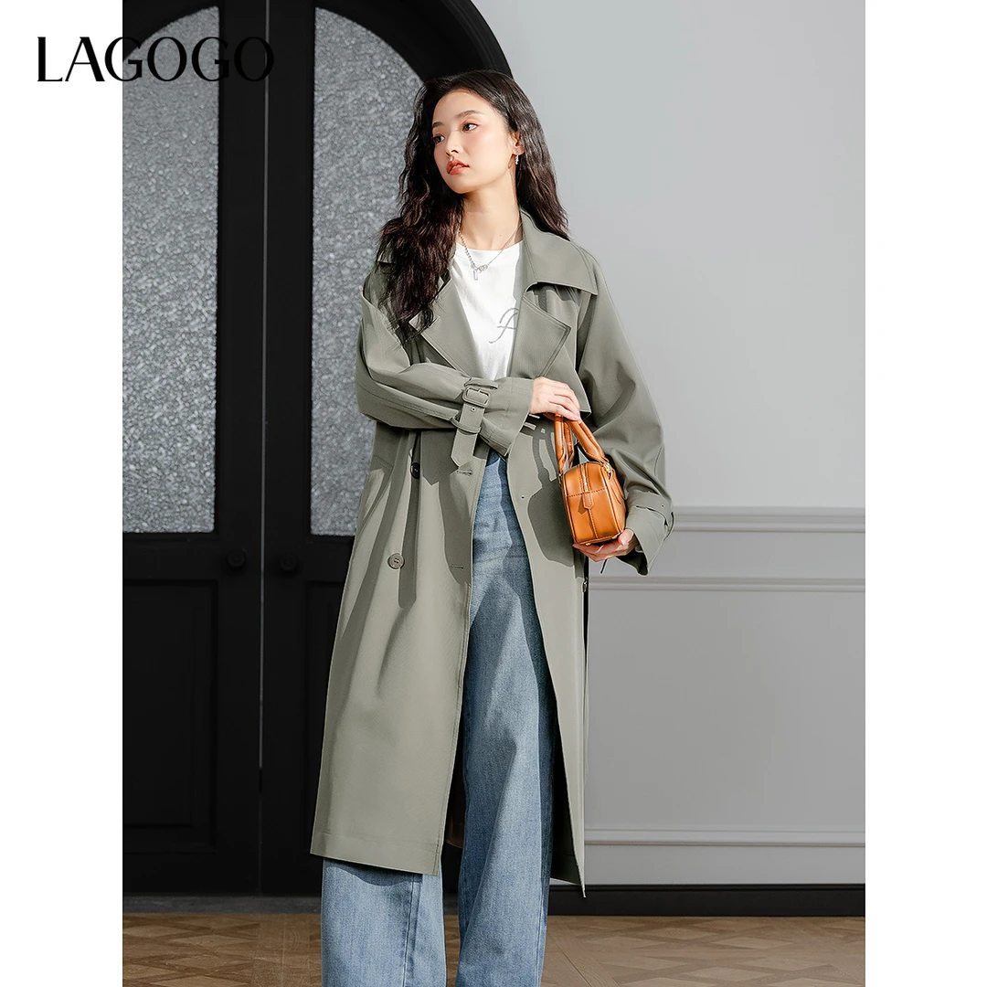LAGOGO简约通勤长款风衣女拉谷谷2025春新中灰收腰外套OAFF231G01