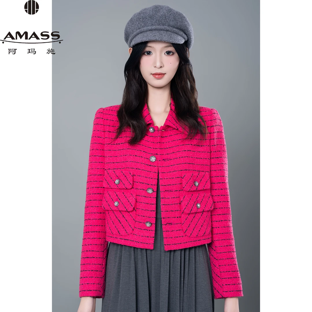 AMASS/阿玛施秋季优雅玫红色法式小香风编织气质短款外套 5400789