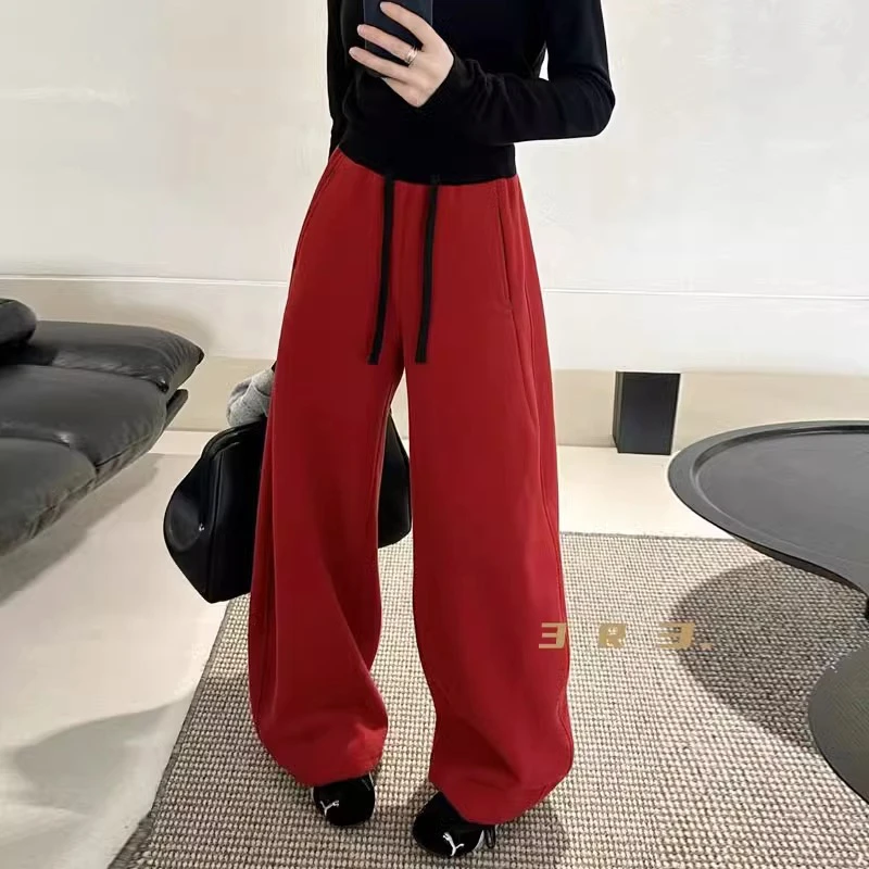 高级感撞色抽绳弯刀阔腿裤女冬季加绒加厚宽松显瘦遮肉百搭长裤k