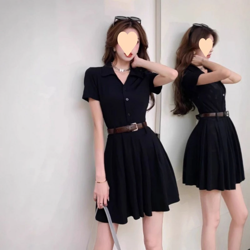 夏装2025年新款女法式设计感小众赫本风小个子衬衫黑色连衣裙