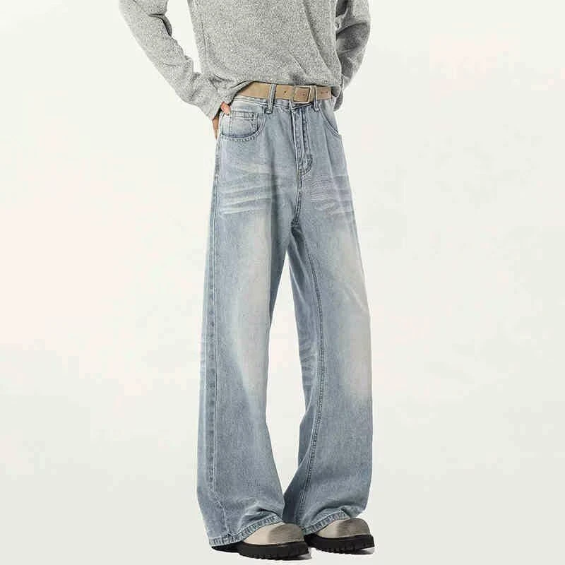 港风潮秋季新款2025个性字母牛仔裤嘻哈ins蓝色宽松水洗做旧直筒