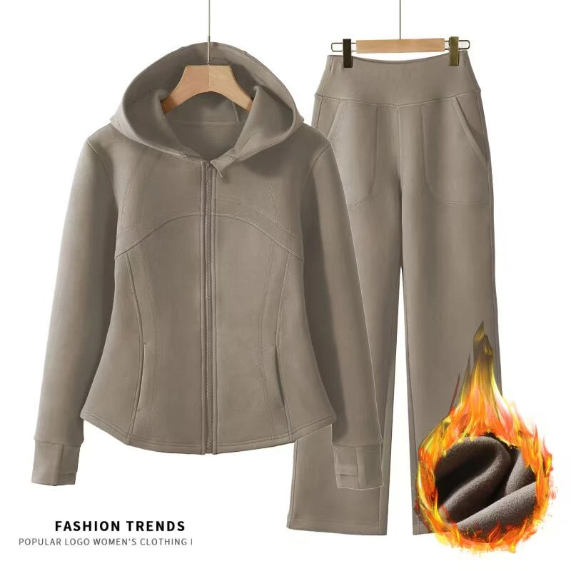 【550g空气层厚绒帽衫套装】运动户外拉链连帽跑步运动阔腿