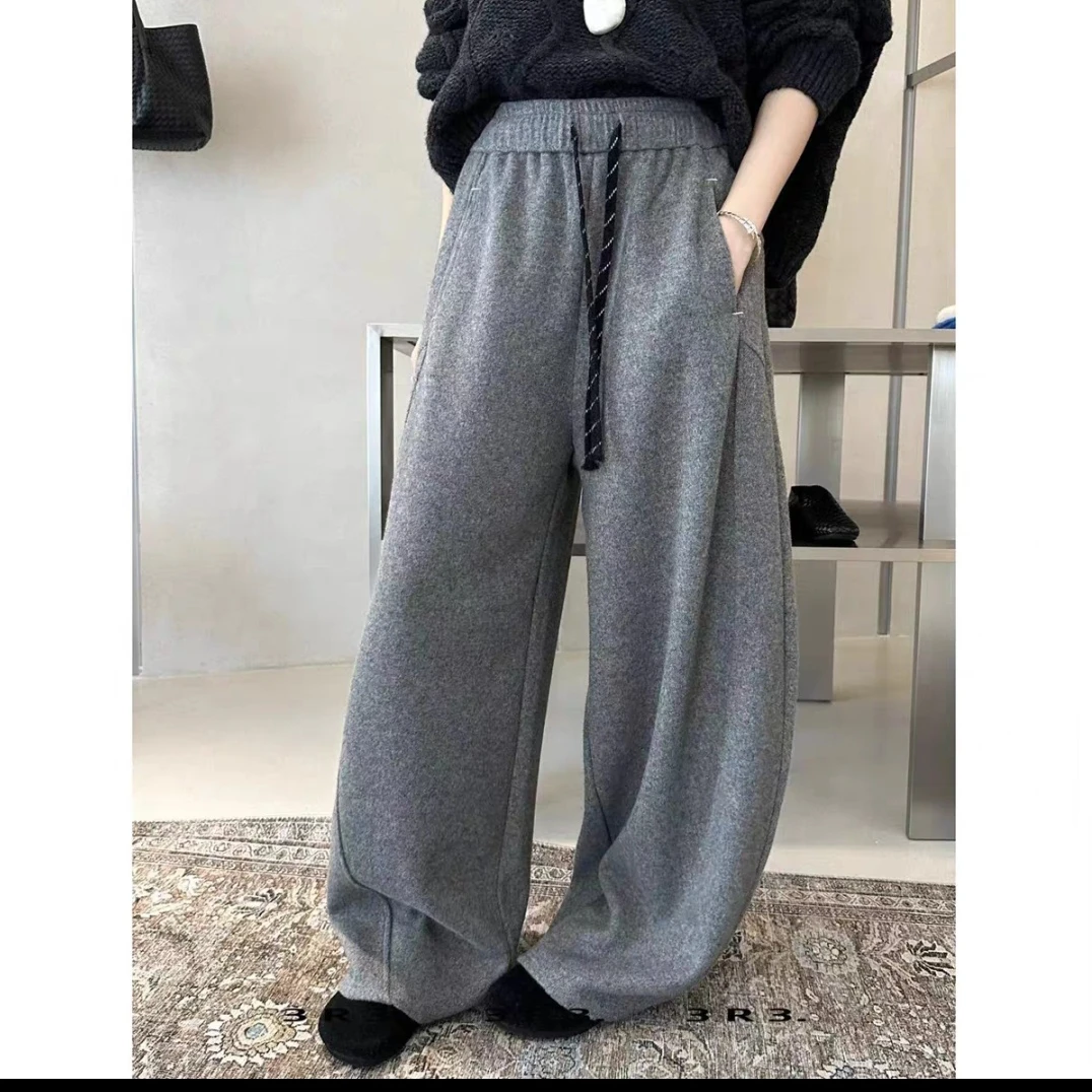 秋冬女裤加绒加厚新款松紧腰抽绳纯色宽松阔腿弯刀休闲长裤