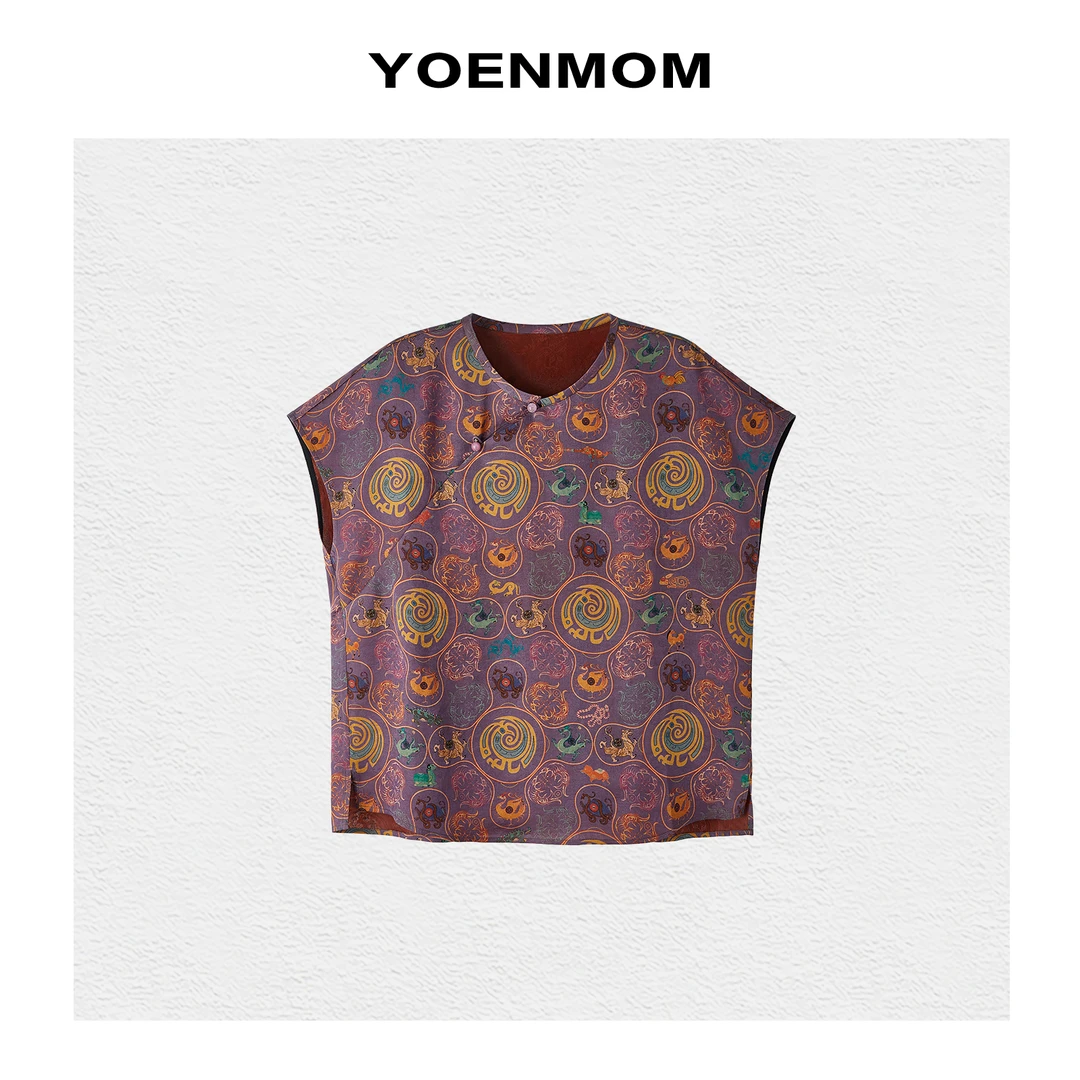 YOENMOM·四神兽·100桑蚕丝香云纱印花斜襟扣圆领显瘦小飞袖上衣