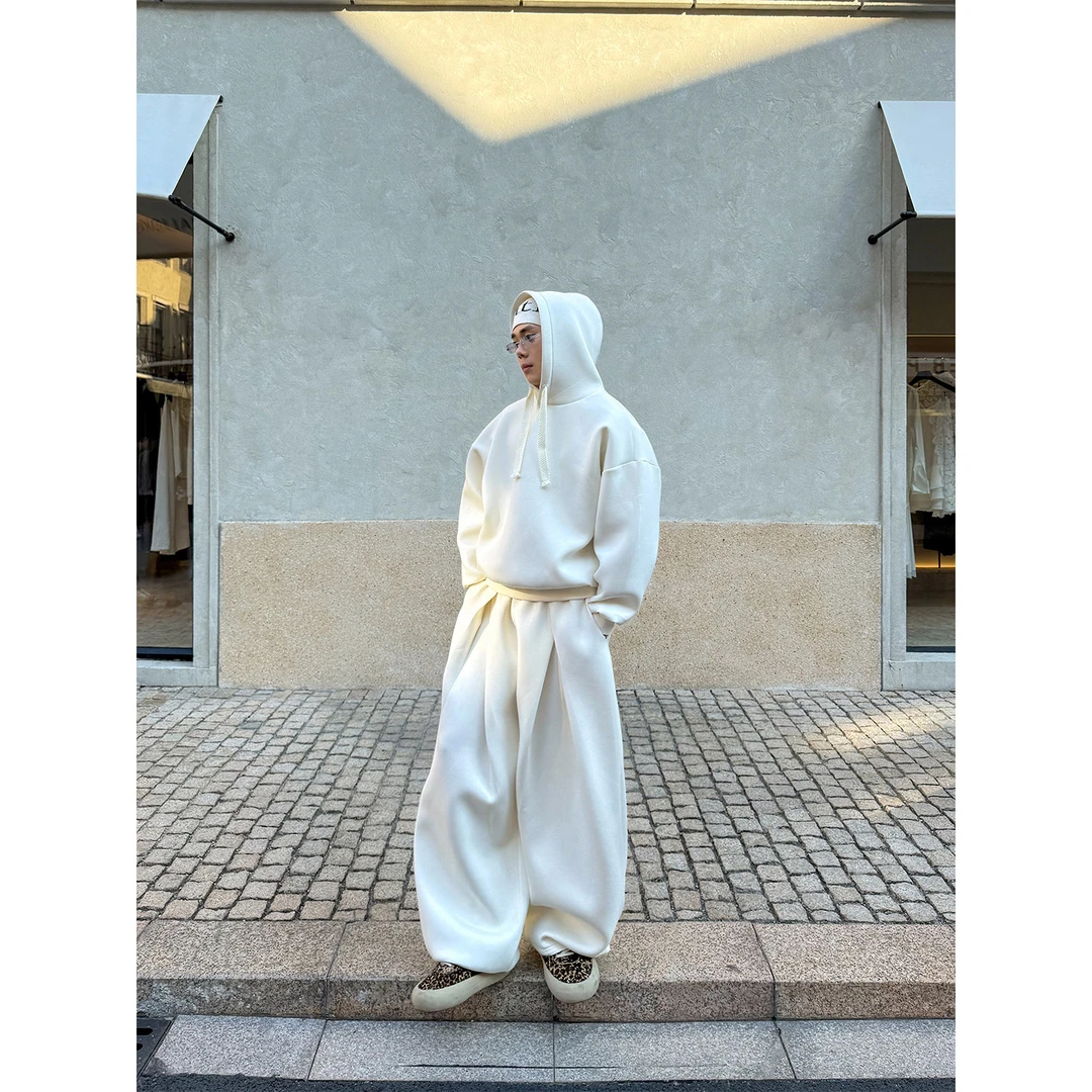 DBW Doublewin重磅空气层白色连帽卫衣立体叠褶休闲卫裤套装1527