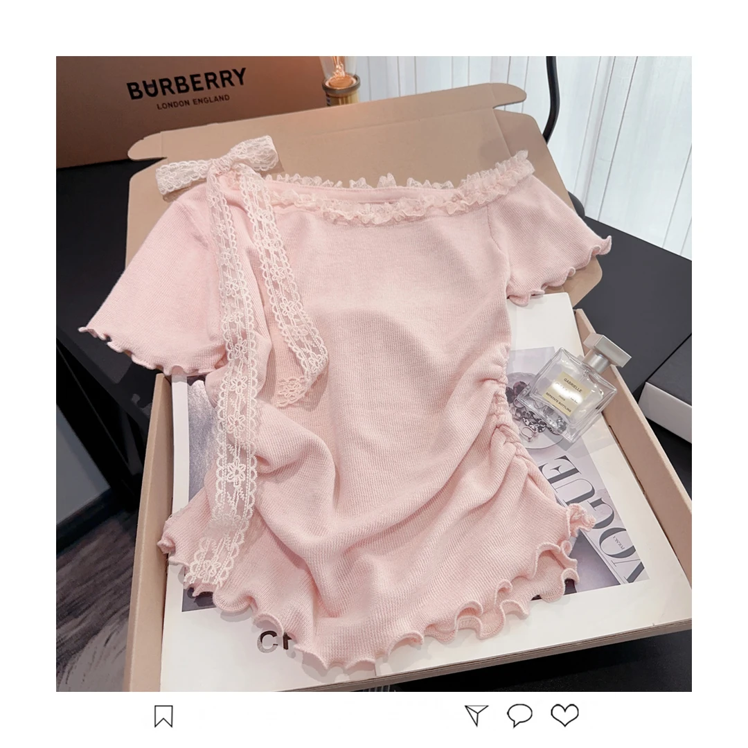 粉色蝴蝶结系带蕾丝边短袖t恤女夏季设计感小众漂亮修身露肩上衣