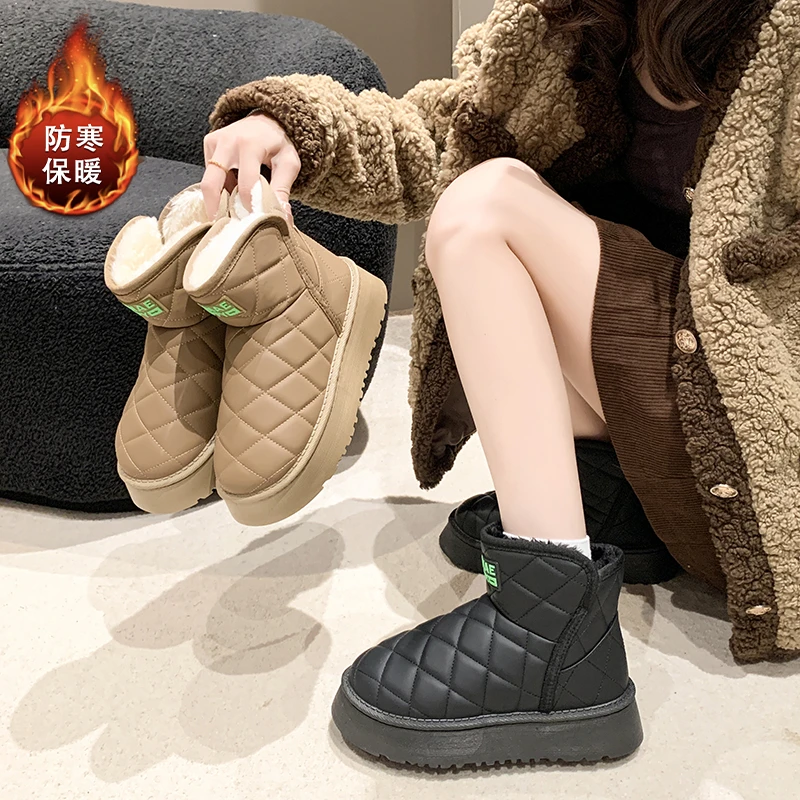 时尚厚底松糕雪地靴女2024冬季新款百搭字母软底加绒加厚保暖棉鞋