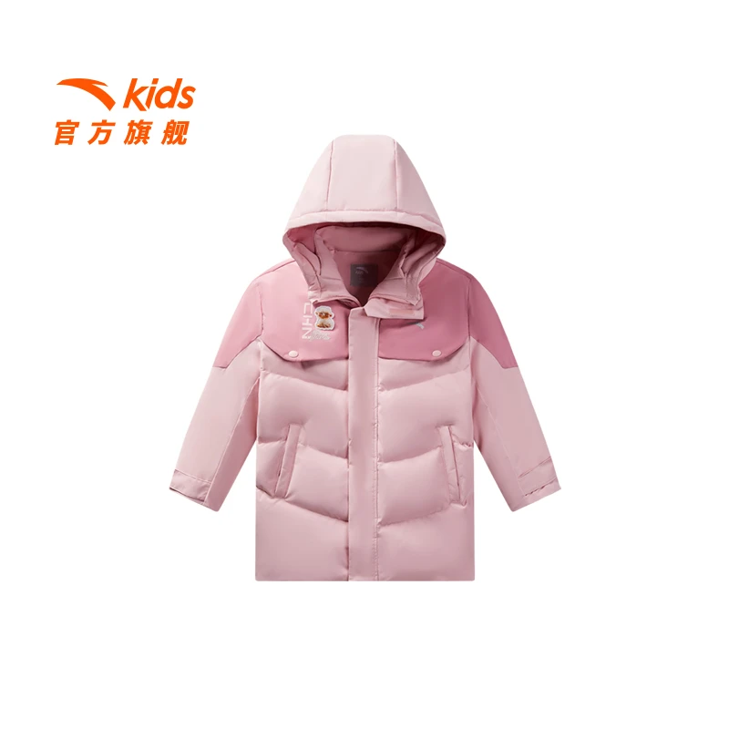 安踏儿童女小童中长羽绒服2025春新款舒适保暖儿童防水连帽羽绒服