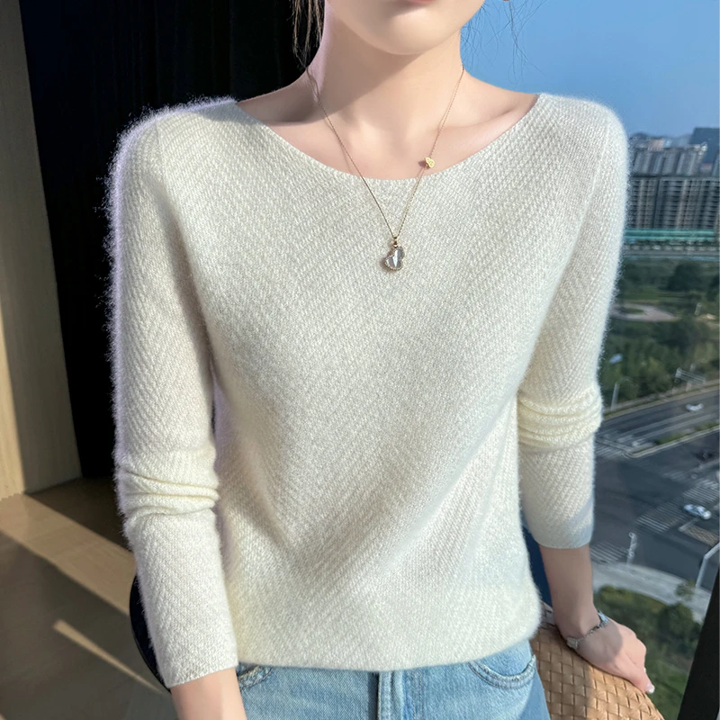 韩版加厚女羊毛衫甄选澳洲羊毛时尚针织衫女轻奢百搭一字领打底衫