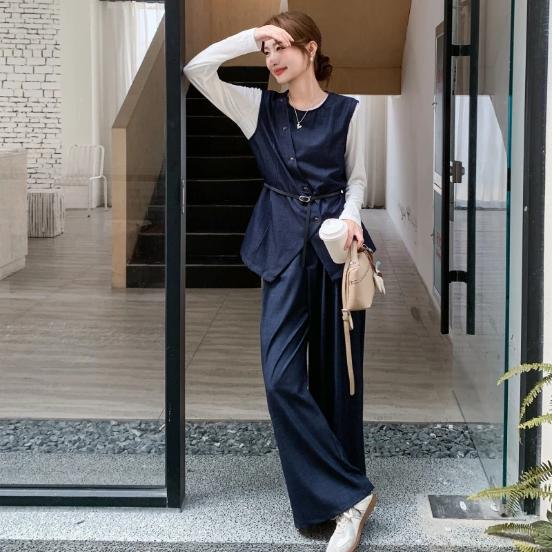 盐系时尚精致敲洋气套装女秋季新款慵懒简约马甲内搭高腰裤三件套