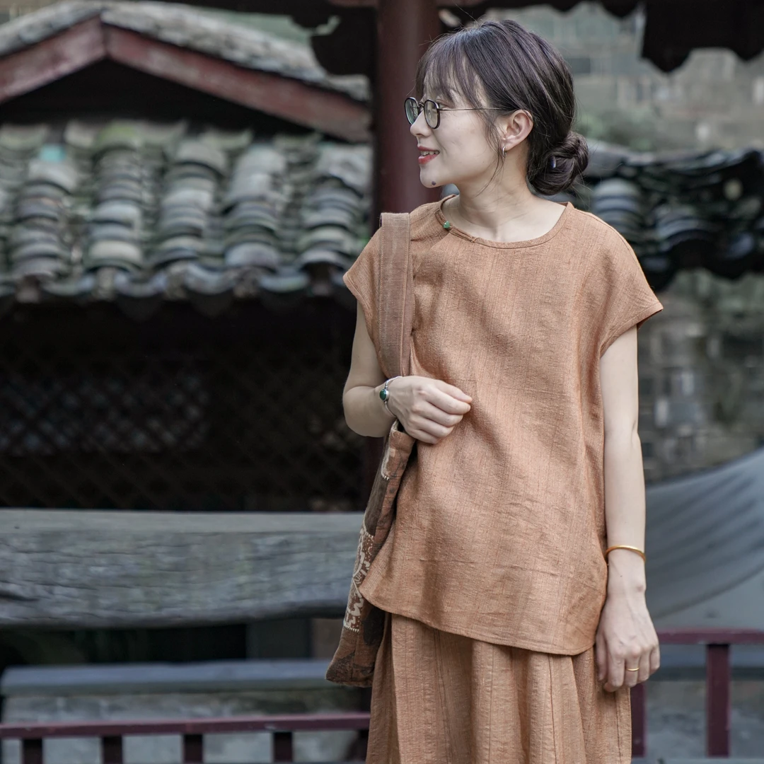 『靑一草木』植物染手工薯莨染柞蚕丝文艺新中式素雅侘寂百搭衬衫