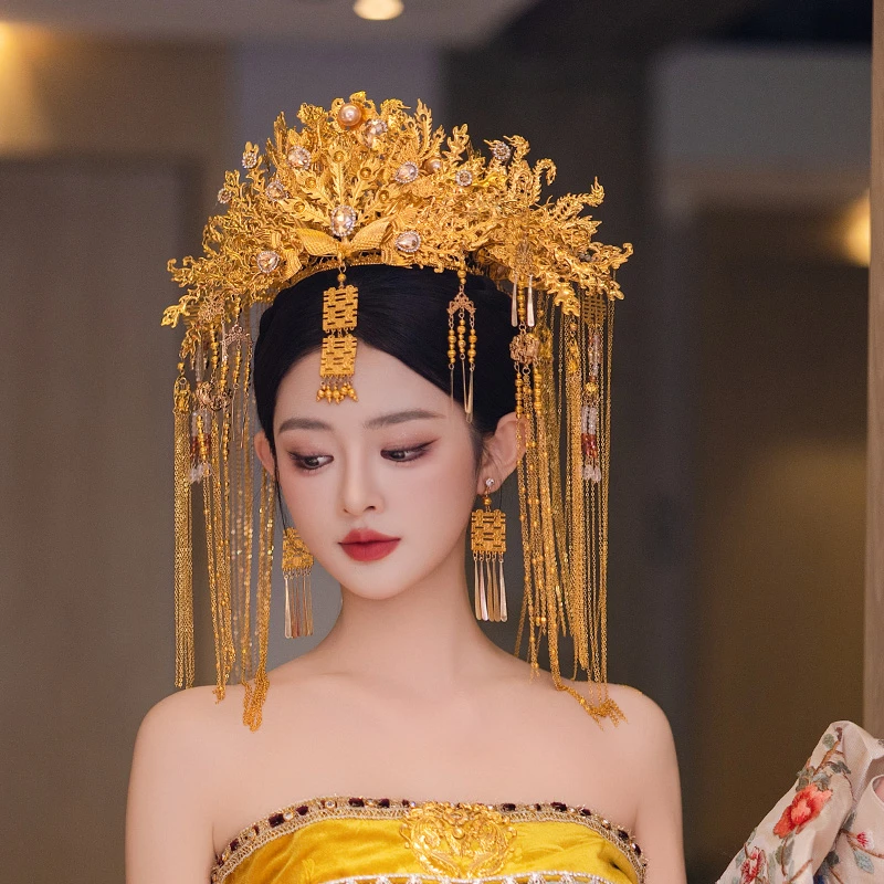 合金婚庆饰品 新娘头饰龙凤冠秀禾服龙凤褂金色中式发饰品MF2437