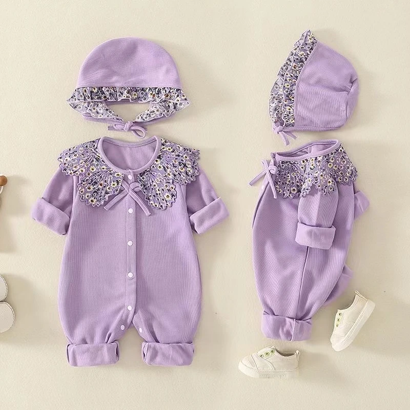 宝宝春秋长袖紫色贝壳领女宝洋气连体衣【送帽子】