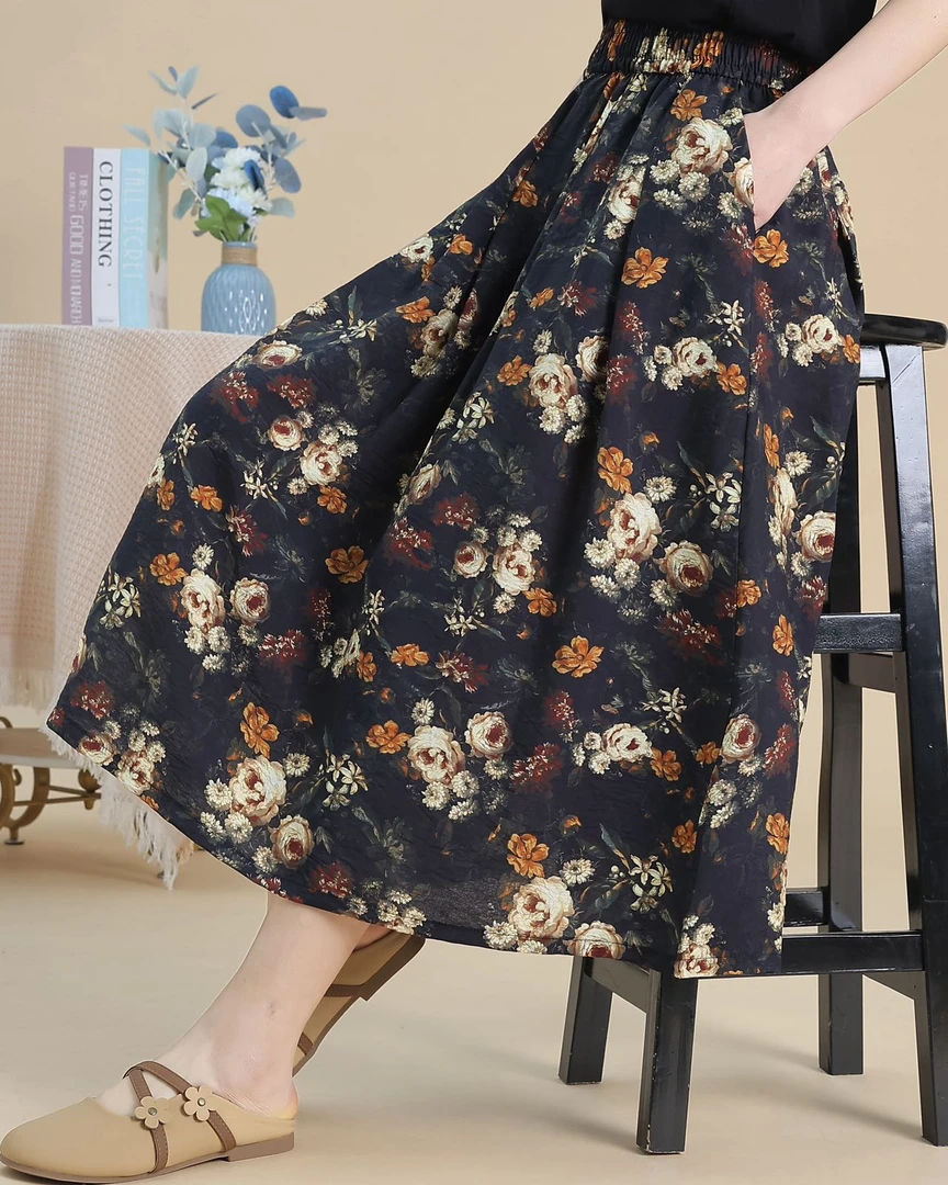2025新款高腰新中式提花松紧腰显瘦花色半身裙 中长款女装半身裙