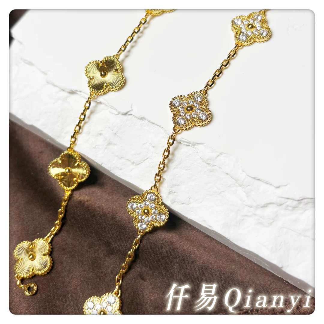 铜合金锆石手链 镀18K金高版本金色复古精致幸运四叶草手链轻奢