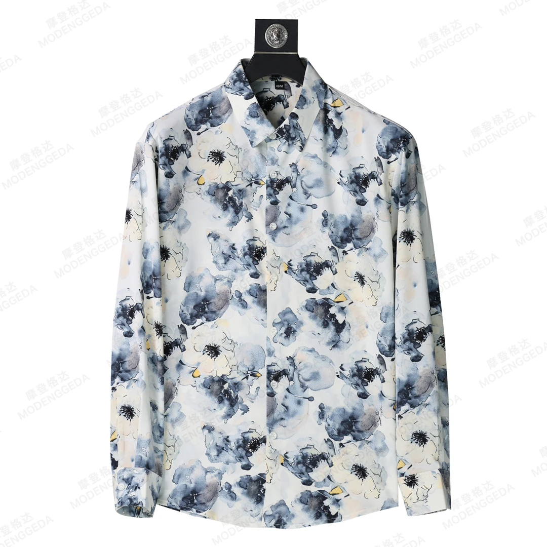 2025新款国风水墨碎花高端男士花衬衫休闲时尚透气亲肤长袖衬衣