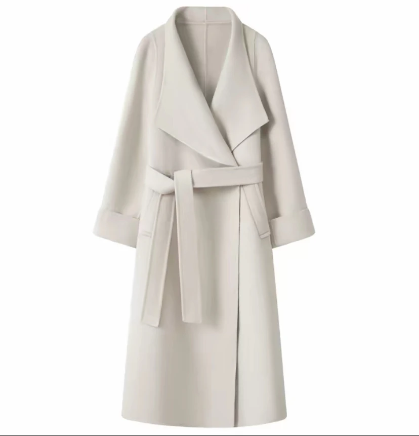 2511 赫拉天后系带慵懒风中长款羊毛大衣女冬新款双面毛呢外套