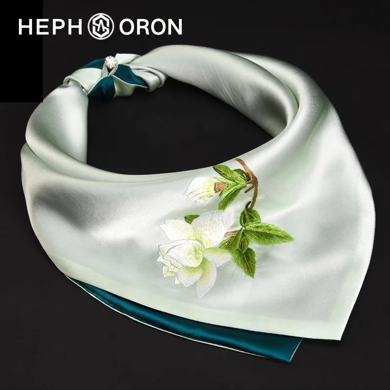 HEPHSORON苏绣丝巾礼盒送妈妈绿色刺绣百搭高级感桑蚕丝真丝方巾