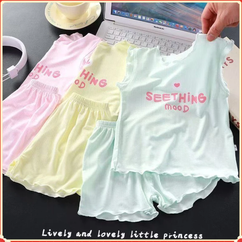 冰丝女童夏季短袖短裤套装MTTX薄款儿童冰丝家居两件套女孩【流水】