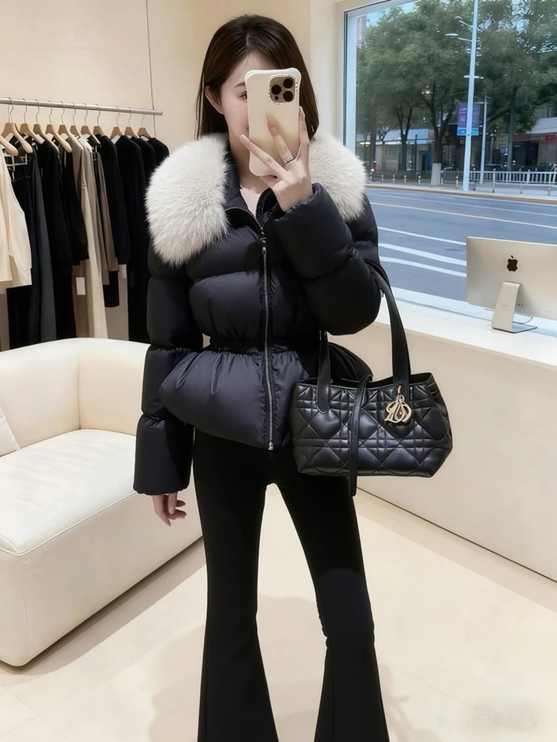 棉衣女冬2025新款高端时髦洋气巨好看小香风毛领拼接黑色棉服外套