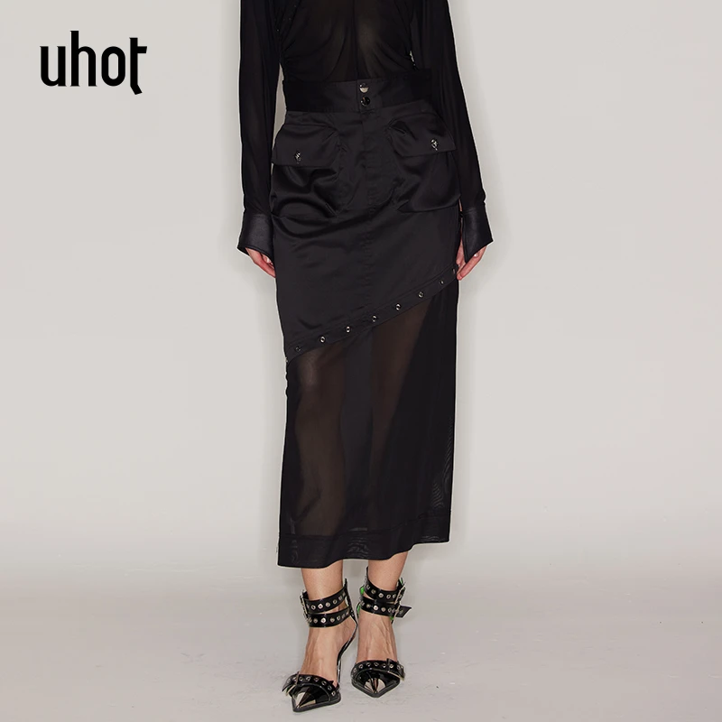UHOT 黑色拼接网纱立体口袋装饰半身裙简约百搭时尚女装UWFS3Q154