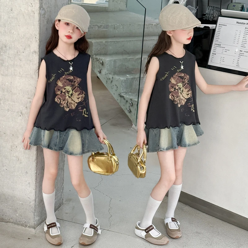 女童夏季套装2025新款女大童夏日印花圆领背心轻薄牛仔短裙两件套