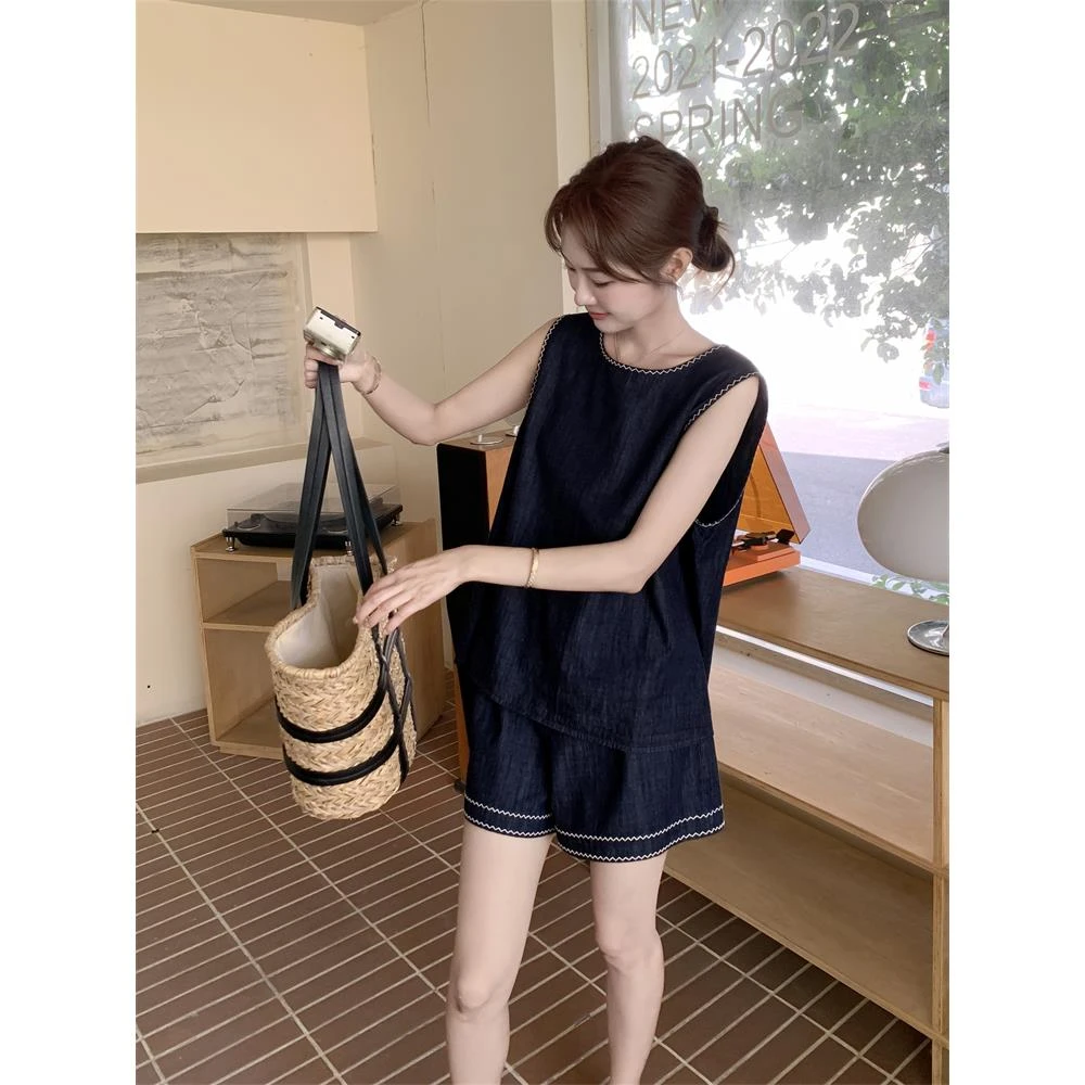 后背设计感无袖牛仔马甲短裤套装女夏2025新款巨好看两件套爆款