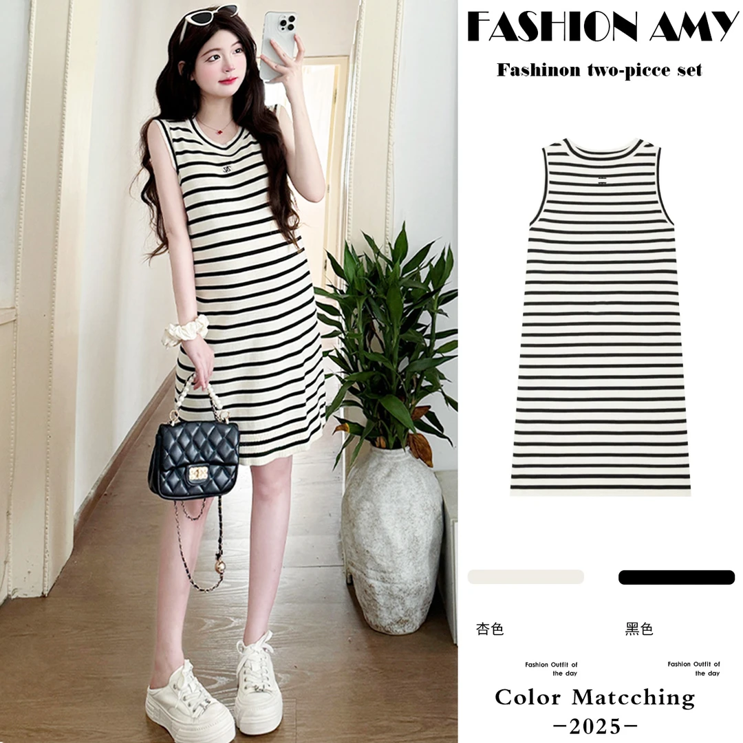 孕妇连衣裙夏季新款时尚韩版小个子中长款休闲针织条纹显瘦背心裙